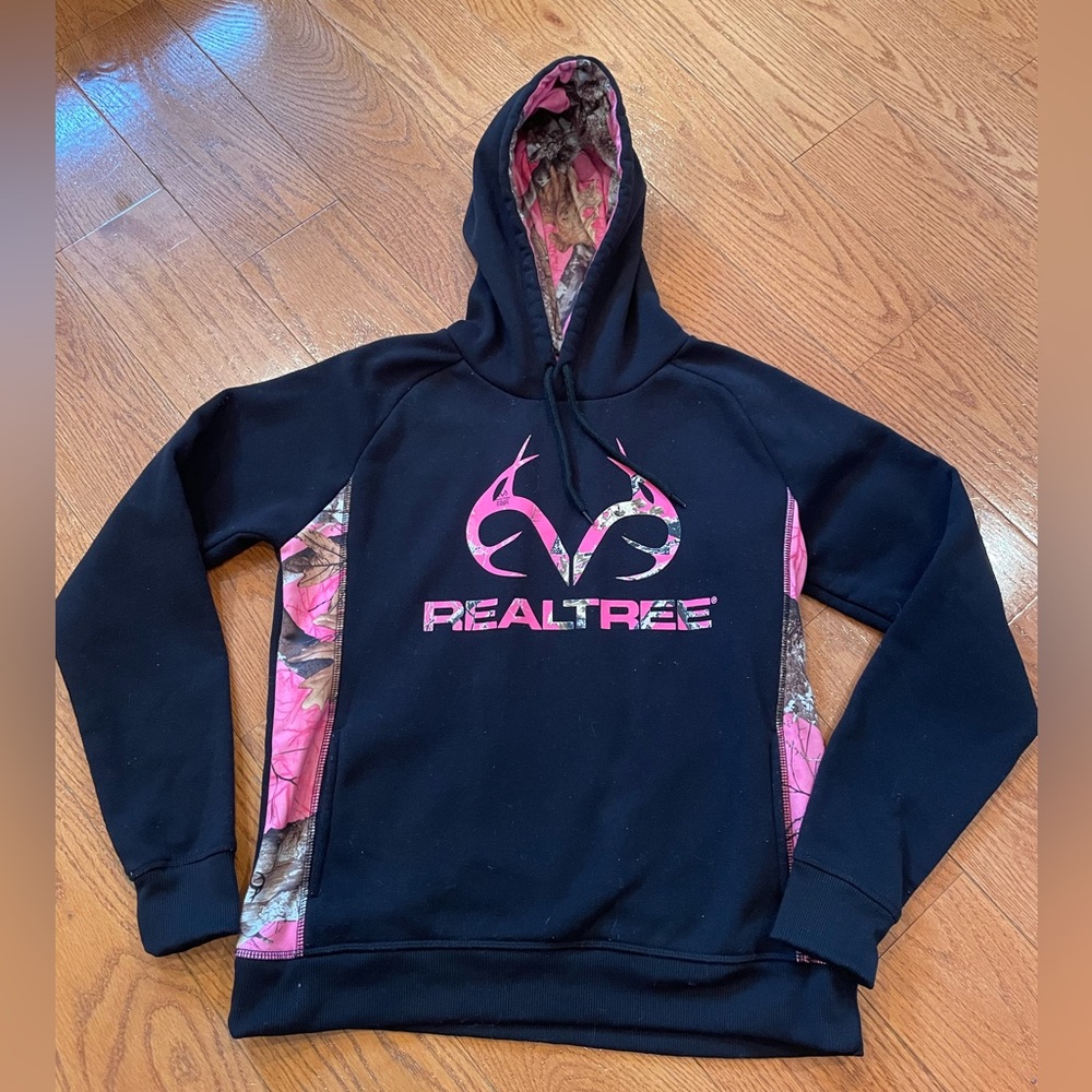 RealTree Women’s Black & Pink Camo Logo Hoodie – Size Small